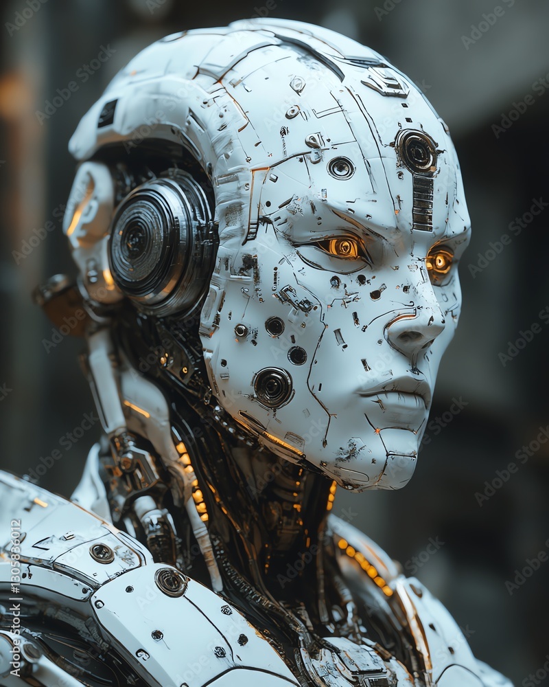 Poster advanced humanoid robot with glowing eyes in a futuristic setting showcasing intricate designs and t