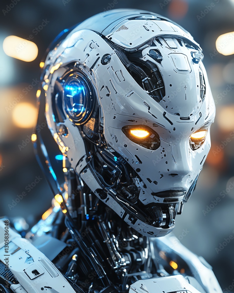 Poster futuristic robot showcasing intricate design and glowing features in a high-tech environment