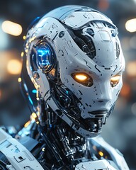 Futuristic Robot Showcasing Intricate Design and Glowing Features in a High-Tech Environment