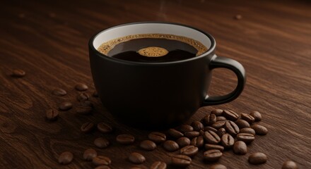 Fototapeta premium Black Cup and Beans on Wooden Table