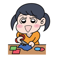 ハサミで紙を切っている女の子