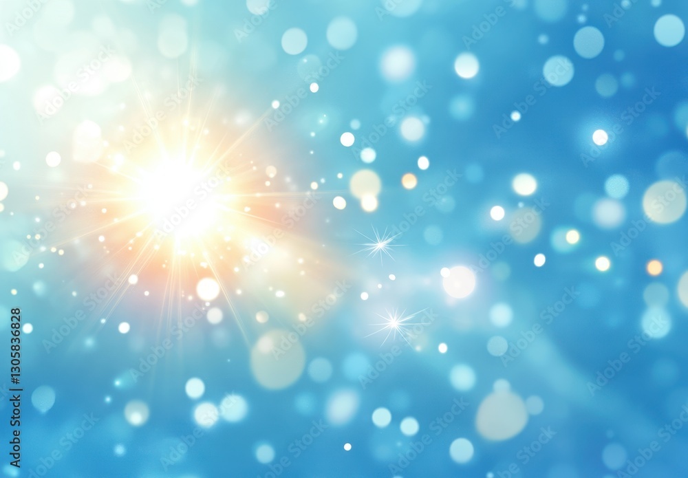 Aufkleber radiating sunlight through shimmering bokeh lights in soft blue background for tranquil and refreshi