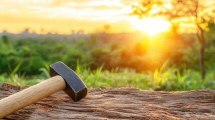 Achieving goals with hammering techniques at sunset in nature focused on productivity and craftsmanship
