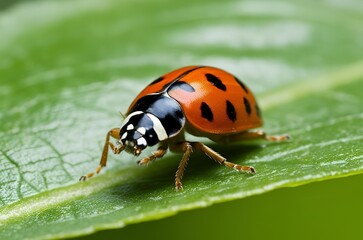 Fototapeta premium A close-up of a ladybug walking on a green leaf