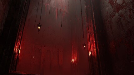 Gothic Castle Interior with Towering Spires and Glowing Lanterns