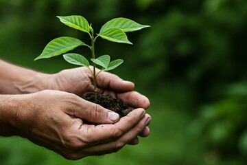 Two hands gently cradle a small green plant with vibrant leaves, symbolizing care for nature and environmental sustainability.