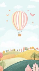 Hot Air Balloon Floats Above Colorful Hills With Hearts in the Sky During a Serene Afternoon