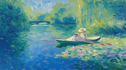 A serene scene of a woman in a white dress and hat rowing a small boat through a pond filled with water lilies, surrounded by nature