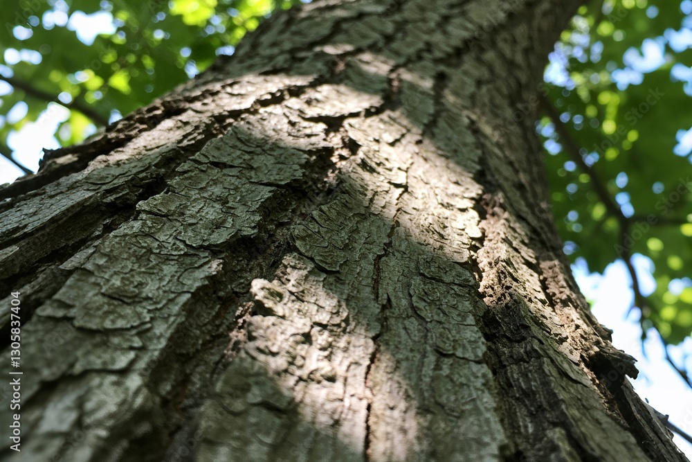 Poster close-up of a tree trunk showing textured bark, illuminated by sunlight filtering through green leav