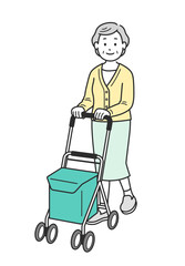 シルバーカーを押して歩く高齢女性の全身イラスト