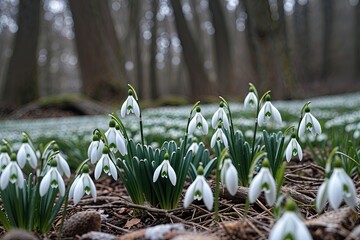 Obraz premium Enchanting Display of White Snowdrops in Nature