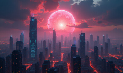 Fototapeta premium Cyberpunk Cityscape, Red Moon, Futuristic - Cyberpunk