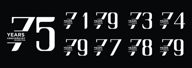 collection of 71 to 79 year anniversary logo designs with creative numbers in white on black background
