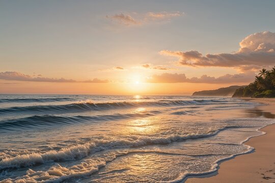 Marvelous Sunrise Scene with Soft Golden Light and Tranquil Waves at a Serene Beach Getaway