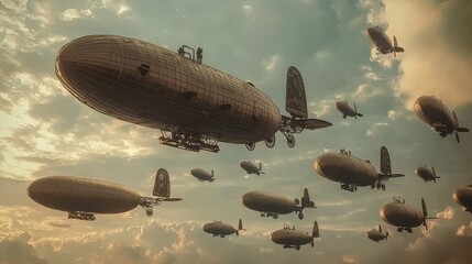 Fototapeta premium Steampunk Airships Fleet Soaring Through a Dramatic Sky