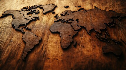 World map engraved into wooden surface, soft warm light, rich brown hues, and rustic handmade aesthetic, close-up shot.