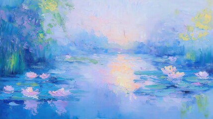 A picturesque pond with floating water lilies and shimmering reflections of sunlight, creating a peaceful and artistic composition