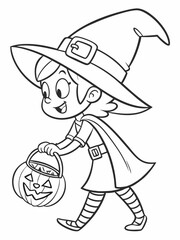 Cute Cartoon Witch Girl with Halloween Candy Bucket, Ready for Trick-or-Treating