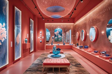 Vibrant Coral Exhibition Space with Modern Gallery Features and Shimmering Lighting Effects