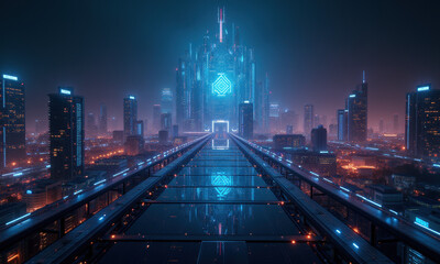 Fototapeta premium Futuristic Cityscape at Night, Neon Glow - Cyberpunk aesthetic