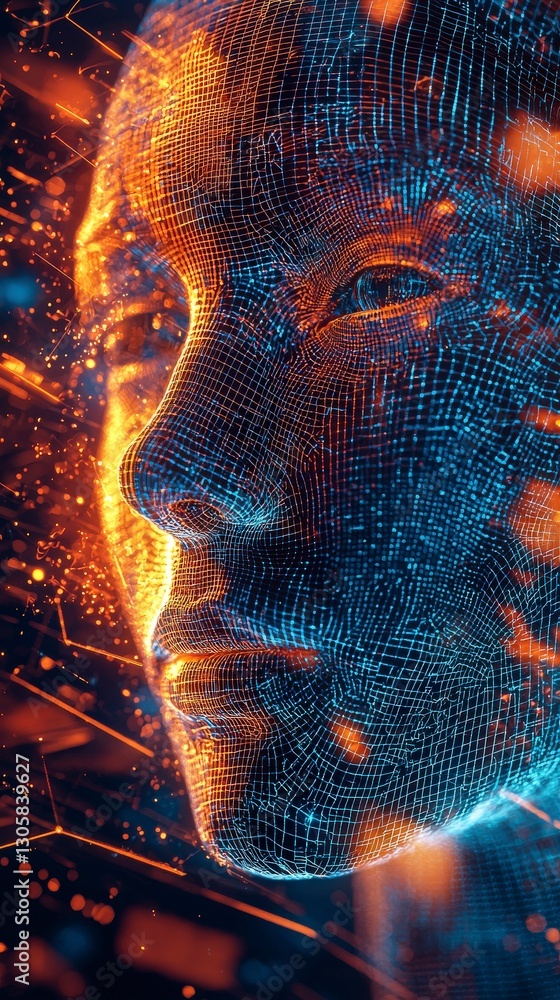 Poster artistic representation of a digital face with neurons
