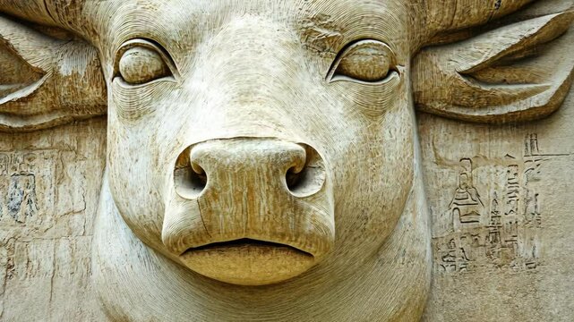 Sculpted bull head found at ancient temple ruins in an archaeological site showcasing historical significance