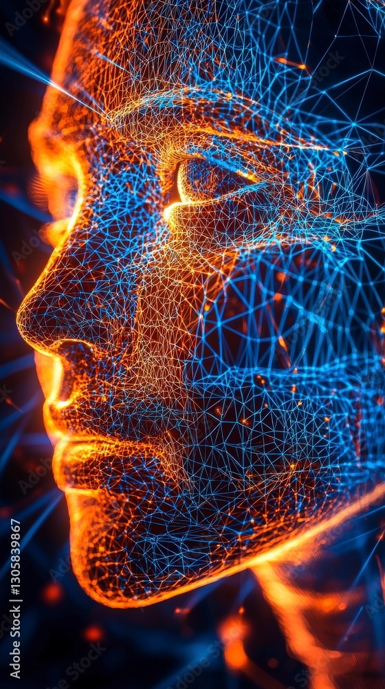 Poster vibrant neural network face mesh with glowing effect