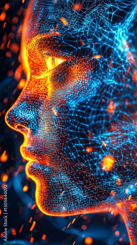 Poster neural network side portrait with glowing mesh effects