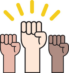 Multiple hands raised up with closed fist symbolizing the protests movement.