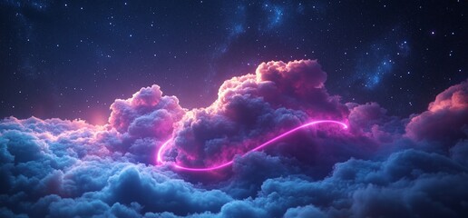 Magical Dreamscape, Neon Light Above a Sea of Ethereal Clouds