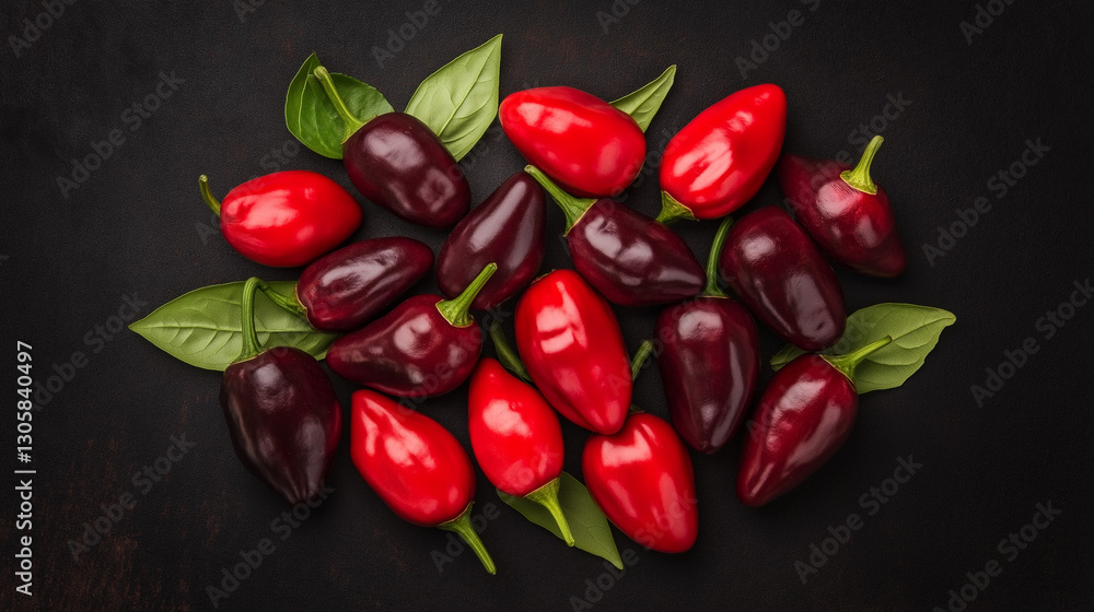 Poster fiery gems: a vibrant composition of red and purple chili peppers and fresh green basil leaves arran