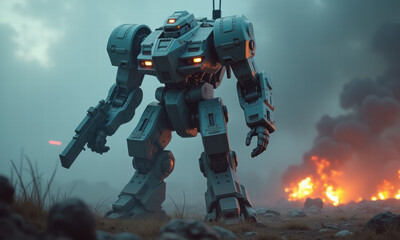 Fototapeta premium Futuristic Mech Robot in War Zone - Sci-fi/Cyberpunk: The image str.