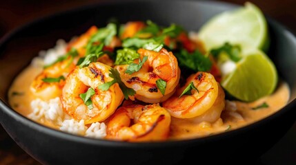 Delicious grilled shrimp served in a creamy garlic sauce, paired with rice and garnished with fresh herbs. Ideal for seafood and gourmet dining themes