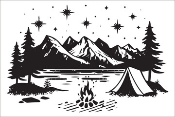 Fototapeta premium Mountain Camping Silhouette – Isolated Black Design on White Background