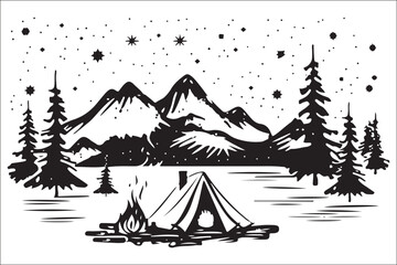 Mountain Camping Silhouette – Isolated Black Design on White Background