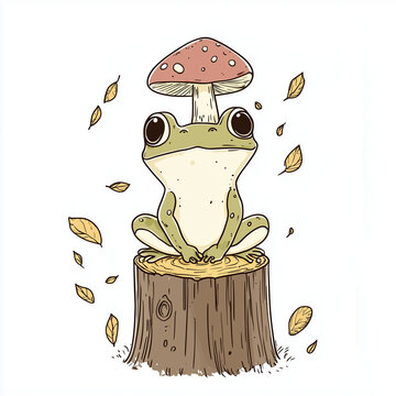 frog sitting on stump with mushroom clip art preview