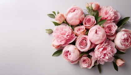 Fresh bunch of pink peonies and roses with copy space