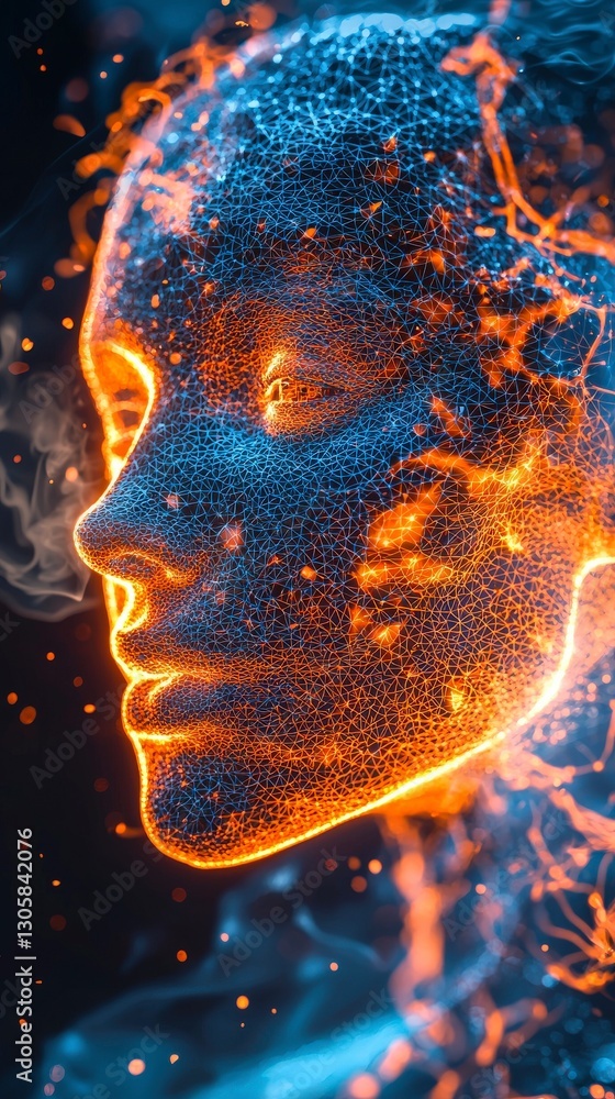 Poster mesh network face with glowing fiery nodes.