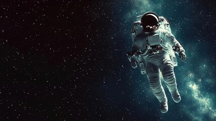 Fototapeta premium Weightless astronaut floating in space flat design side view space theme animation triadic color scheme