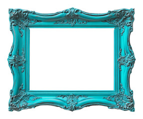 Turquoise ornate vintage picture frame with intricate details, empty center. Art decor item