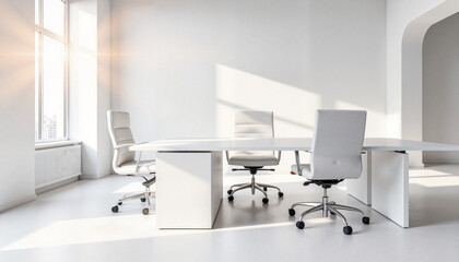 Modern office interior with white chairs and large windows