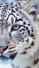 Obraz premium Close-up of a snow leopard's face with striking blue eye