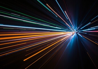 Abstract fiber optic light trails creating a sense of speed and data transfer