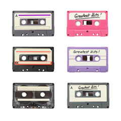Obraz premium Colorful retro cassette tapes labeled Greatest Hits! in pink, purple, and gray. Set on transparent background. PNG with transparency, AI