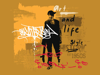 freestyle skateboard grunge, Abstract art grunge illustration. t shirt graphics print typography, Urban typography hipster street art, vector grunge sports art graffiti style.skateboard player jumping © Sukman