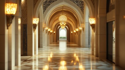 A long ornate corridor illuminated by soft warm golden lighting