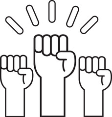Multiple hands raised up with closed fist black and white icon.