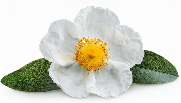 Cistus ladanifer flower plant isolated on on white transparent background, cut out png element. Cistus ladaniferus white flower