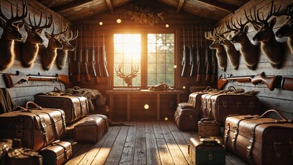 Rustic hunting lodge interior with antlers and vintage rifles during golden hour