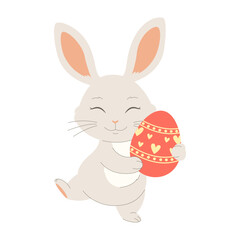 Cute vector illustration of a happy Easter bunny holding a decorated egg. Perfect for holiday cards, kids' designs, spring themes, and festive decorations.